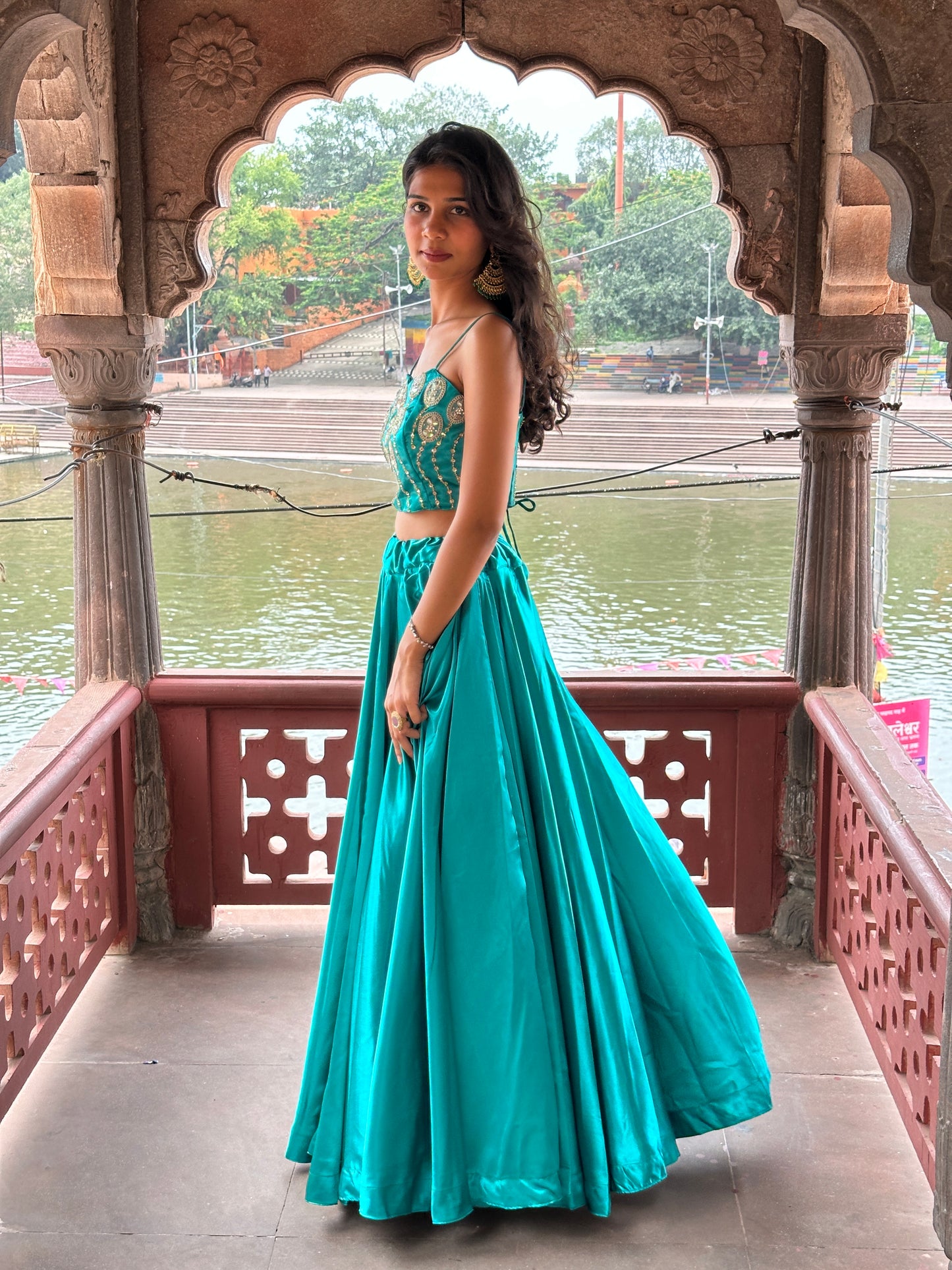 Green Satin Lehenga