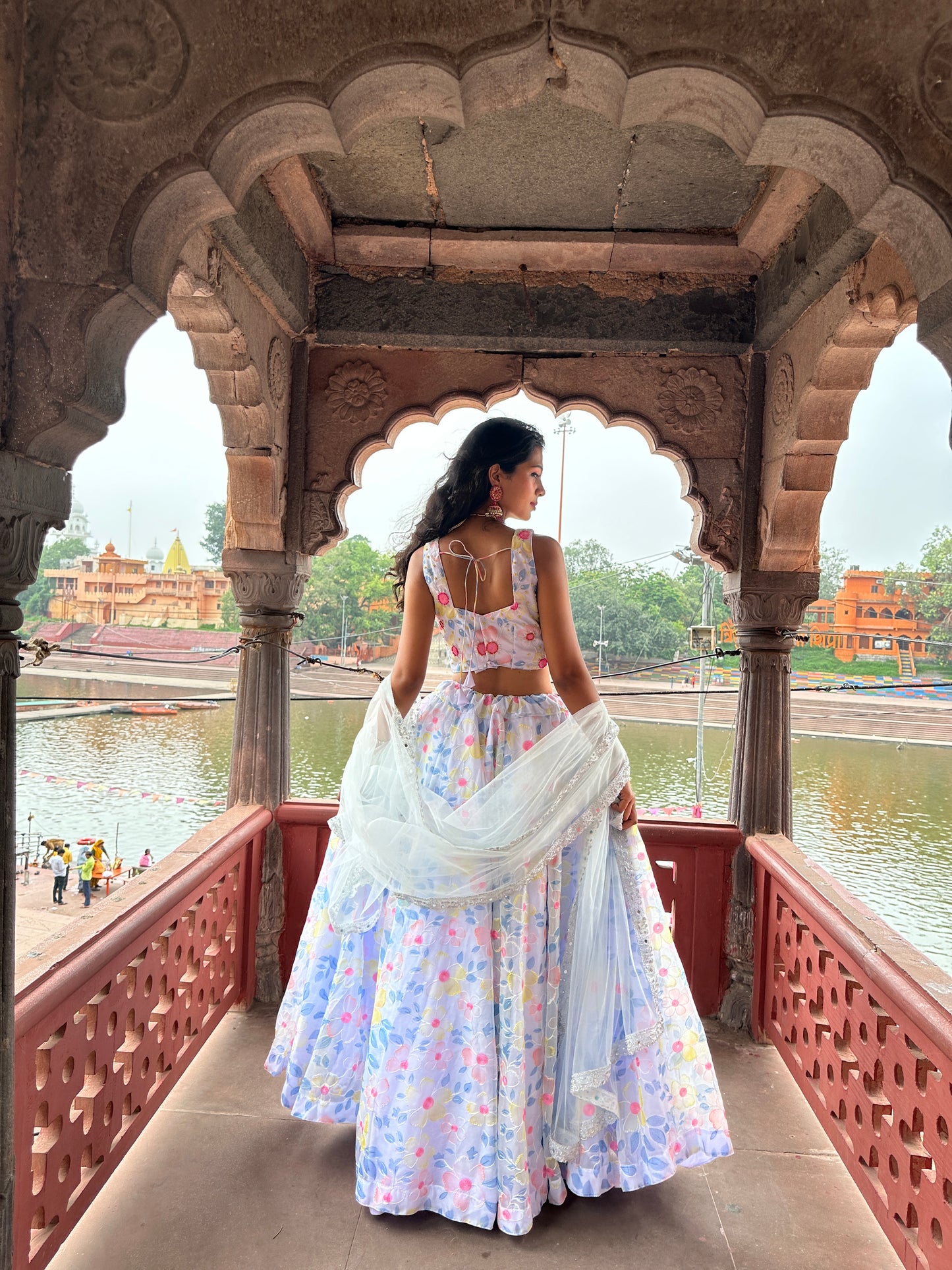 Ice Blue Floral Organza Lehenga