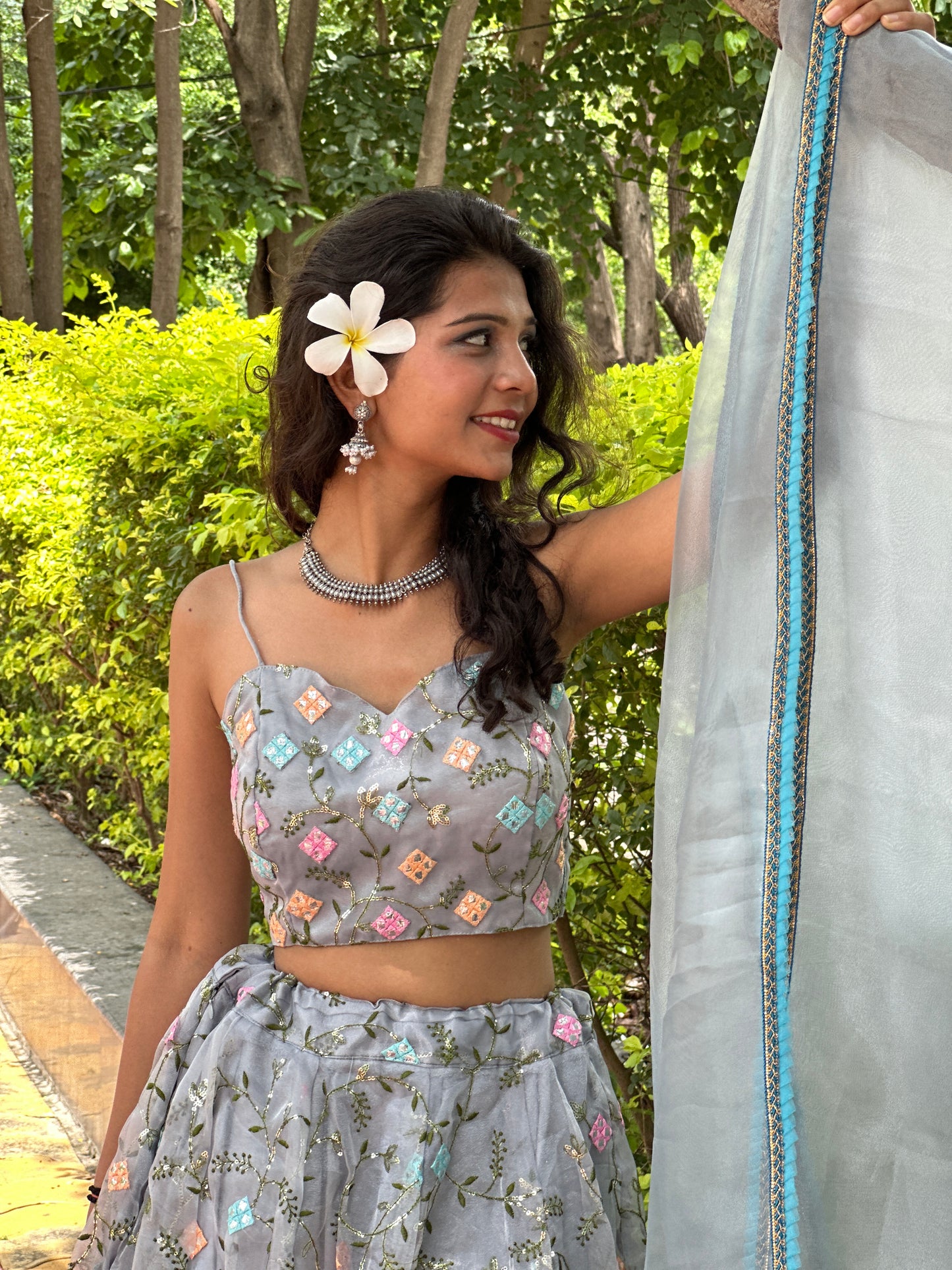 Grey Organza Lehenga