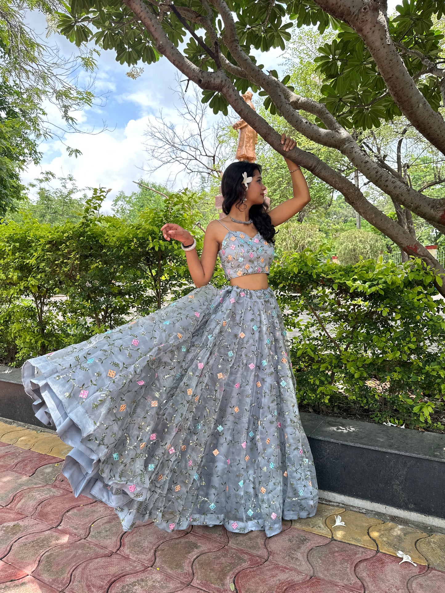 Grey Organza Lehenga