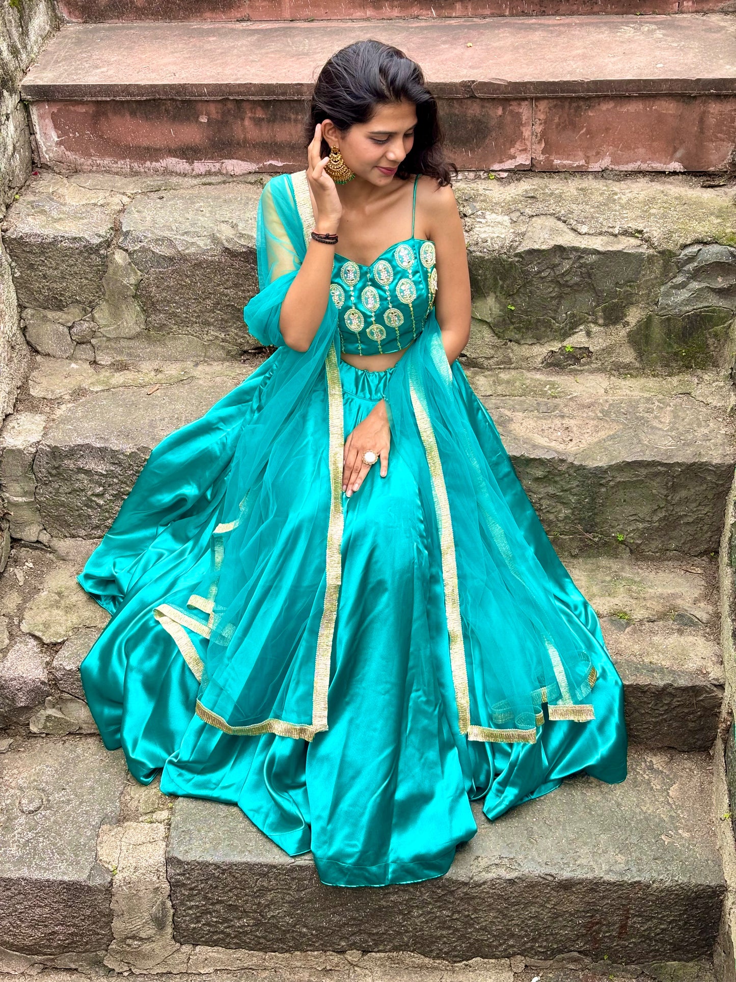 Green Satin Lehenga