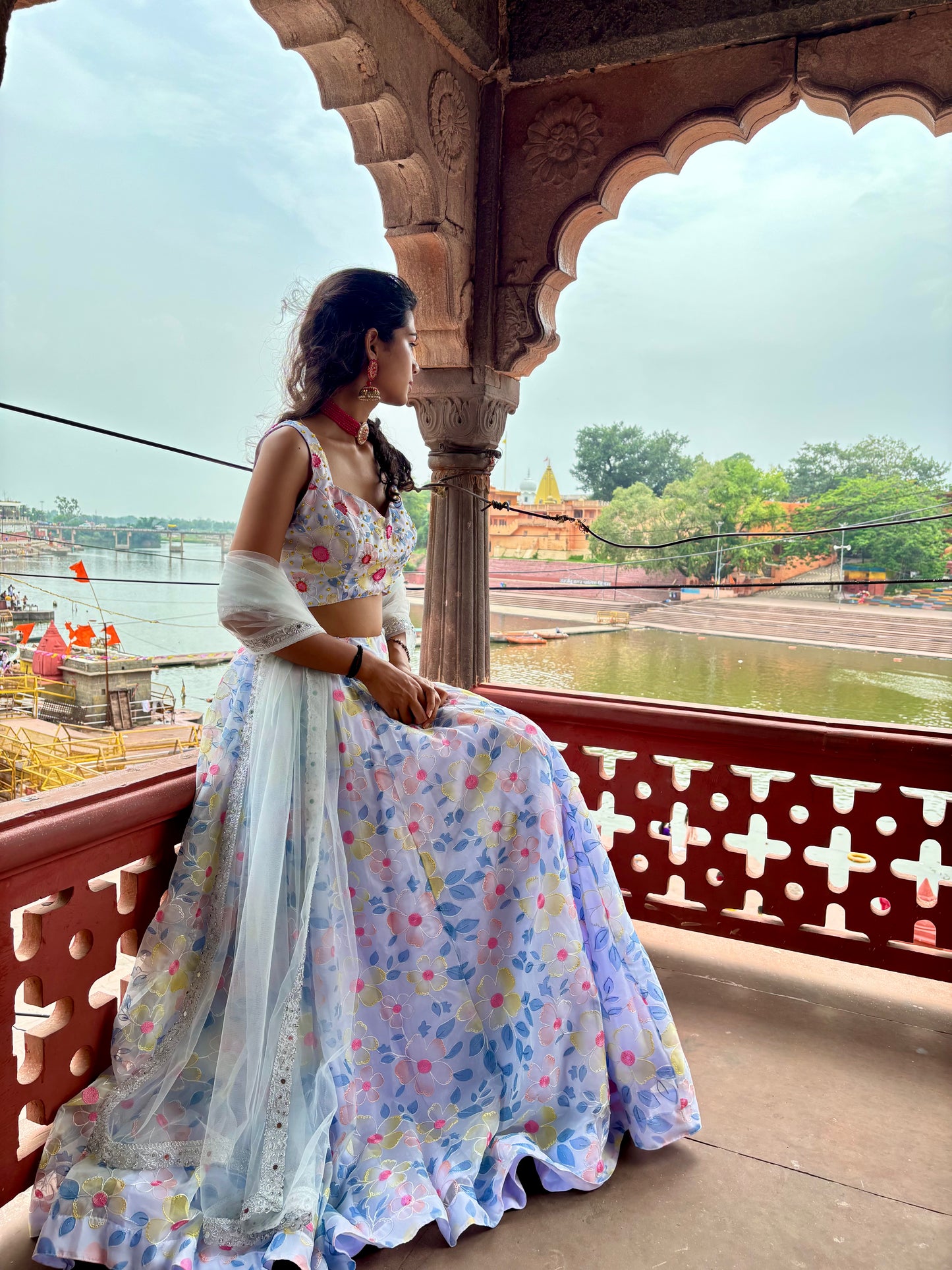 Ice Blue Floral Organza Lehenga