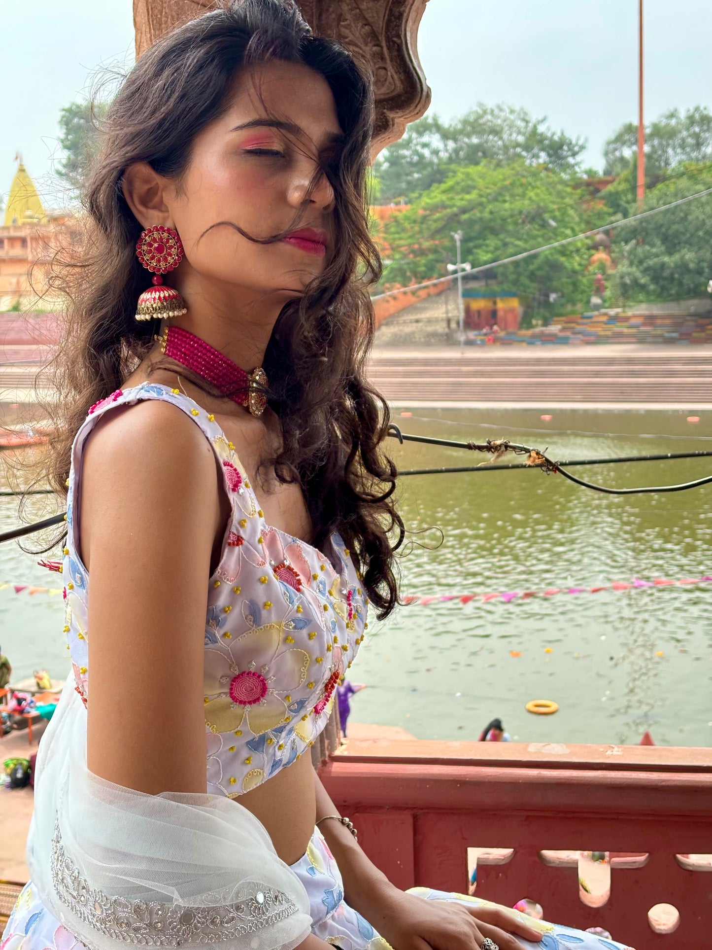 Ice Blue Floral Organza Lehenga