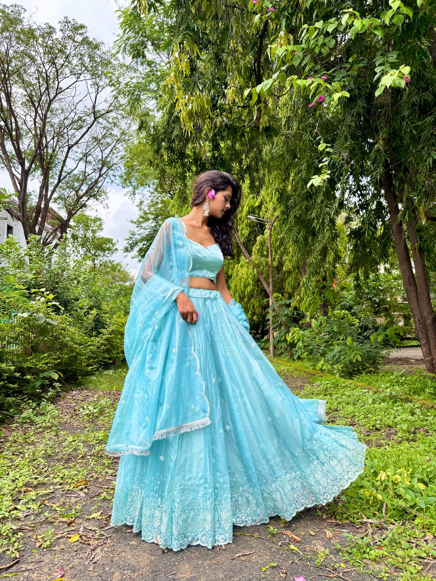 Ice Blue Organza Lehenga