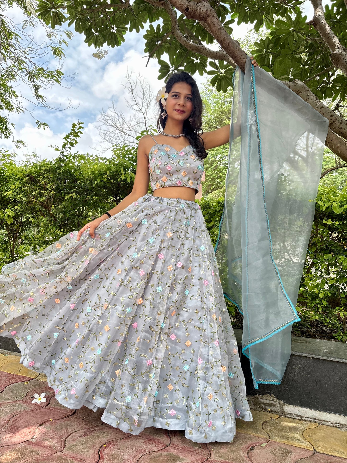 Grey Organza Lehenga
