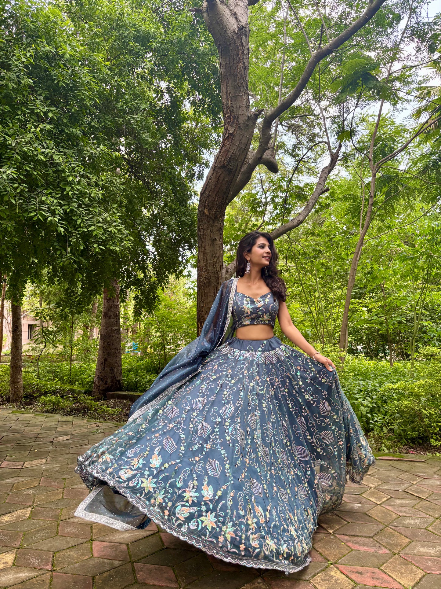 Dark Grey Net Lehenga