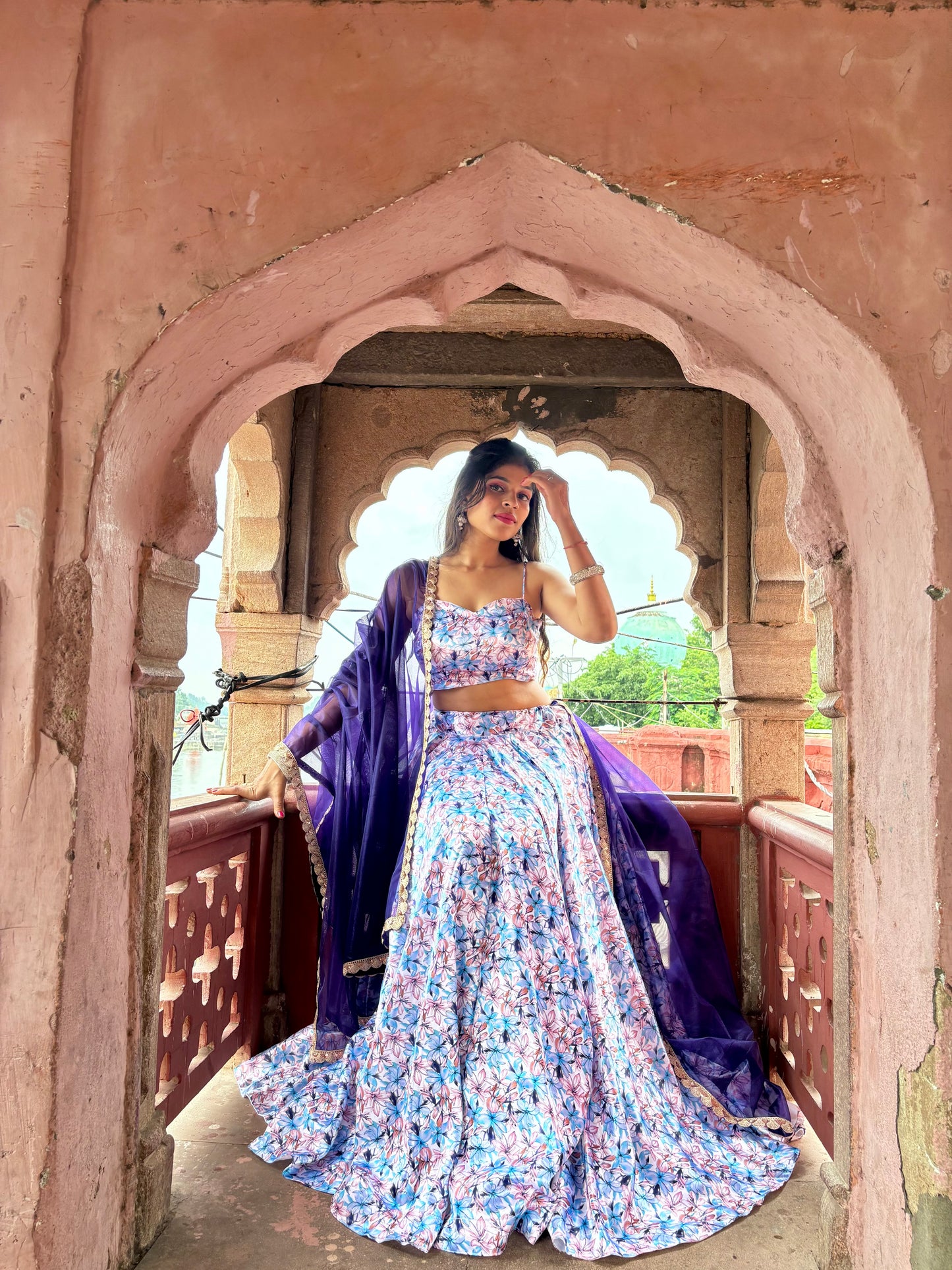 White Blue Floral Satin Lehenga