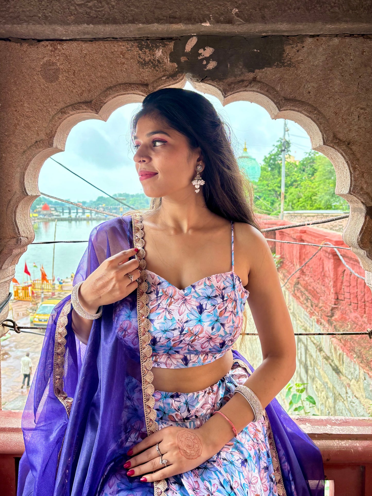 White Blue Floral Satin Lehenga
