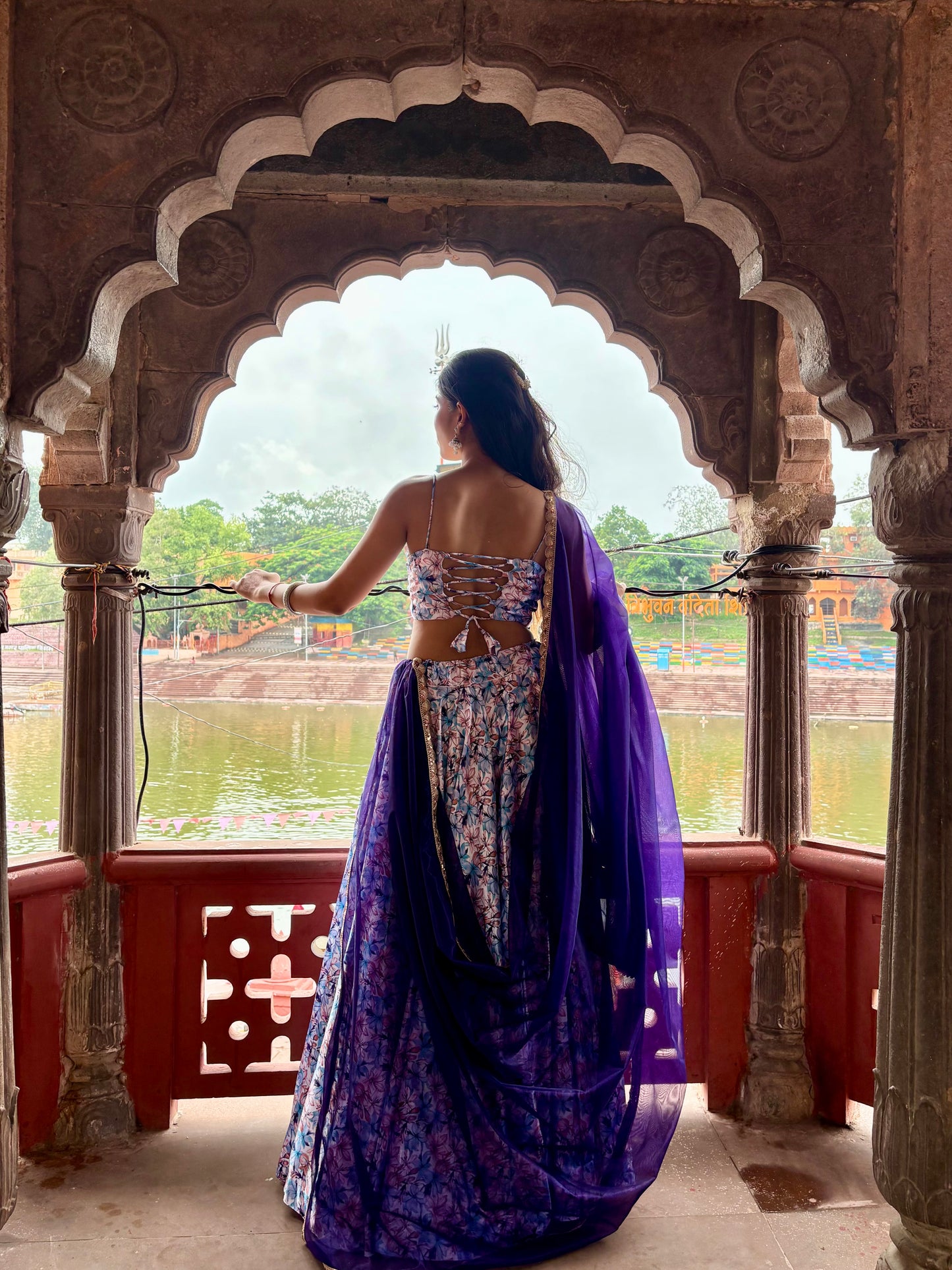 White Blue Floral Satin Lehenga