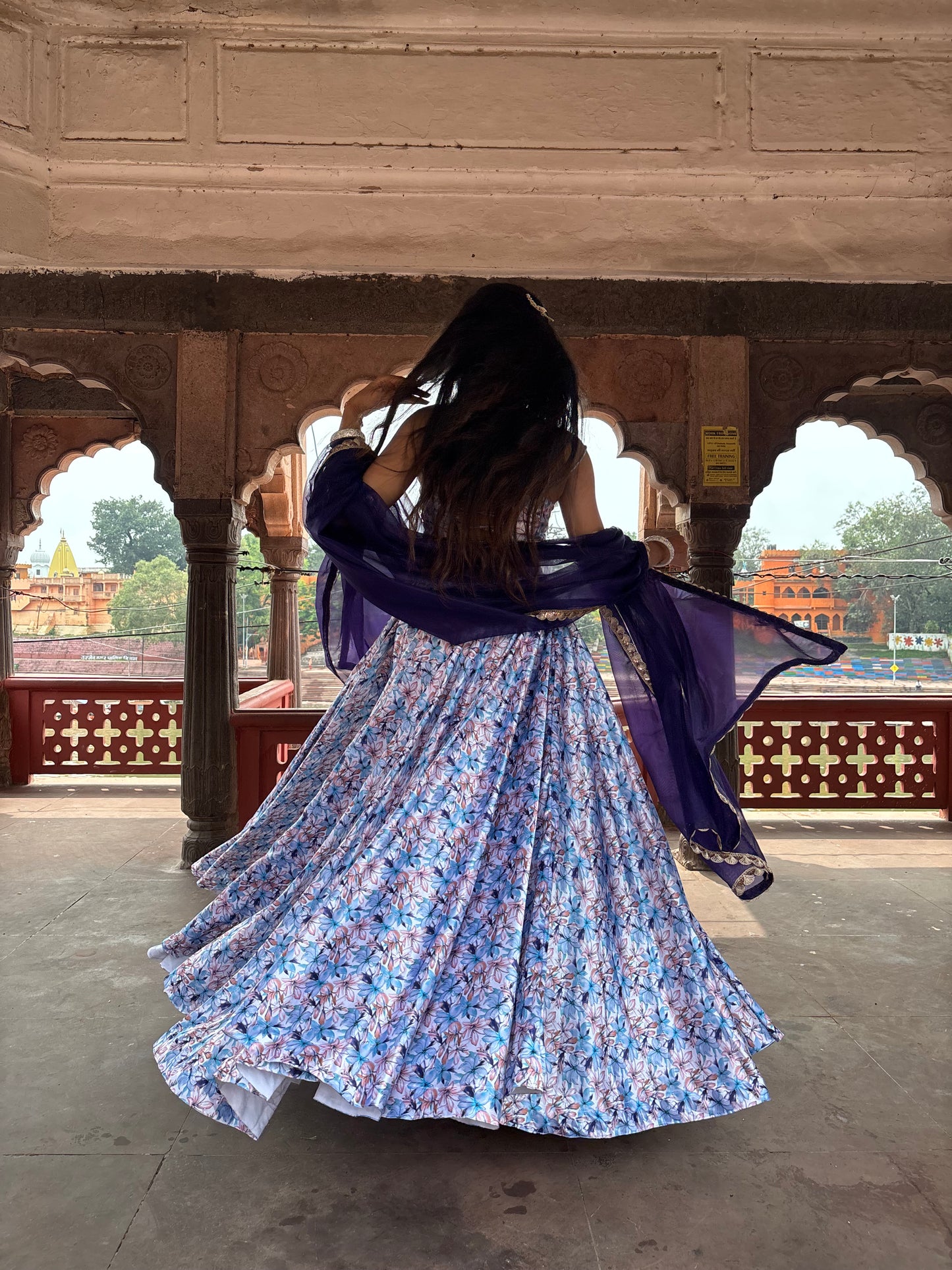 White Blue Floral Satin Lehenga