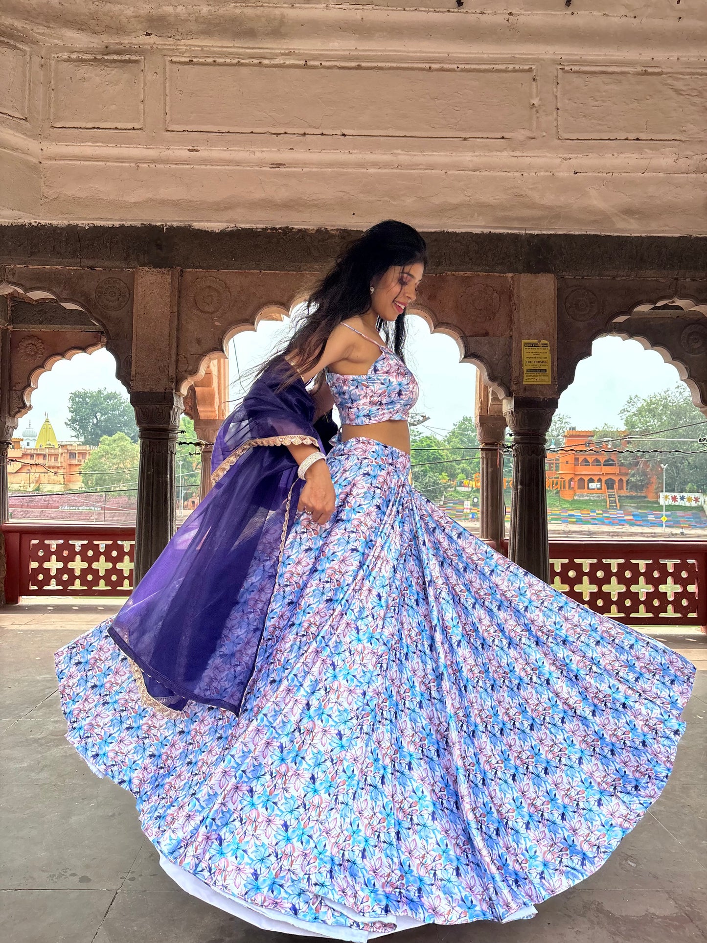 White Blue Floral Satin Lehenga