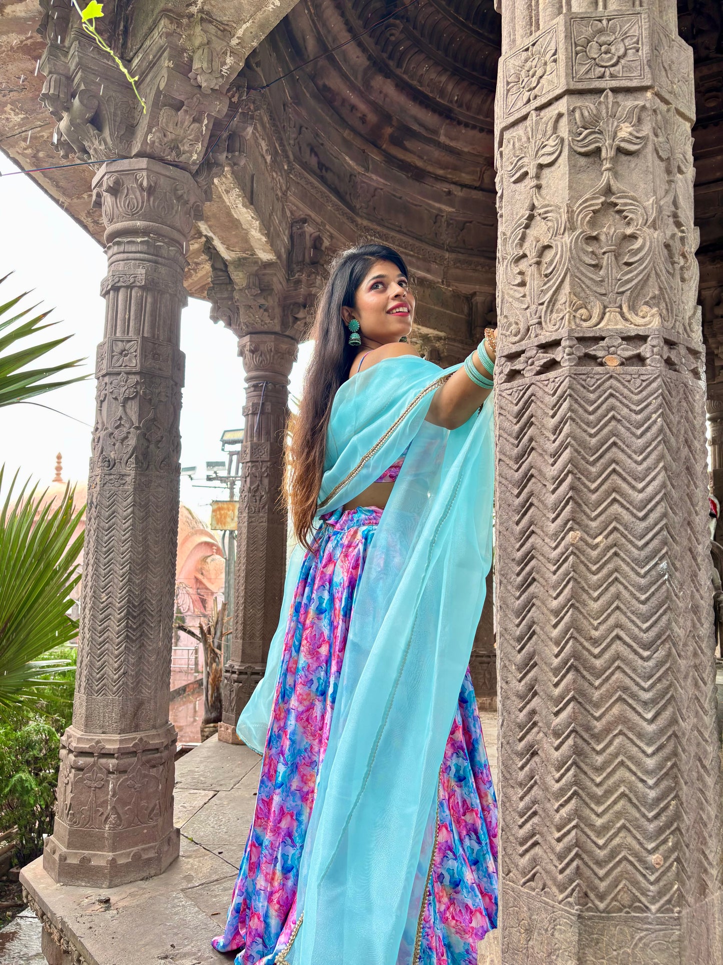 White Pink Floral Satin Lehenga