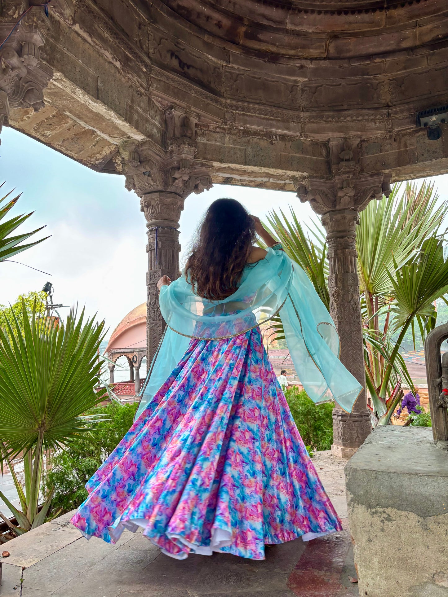 White Pink Floral Satin Lehenga