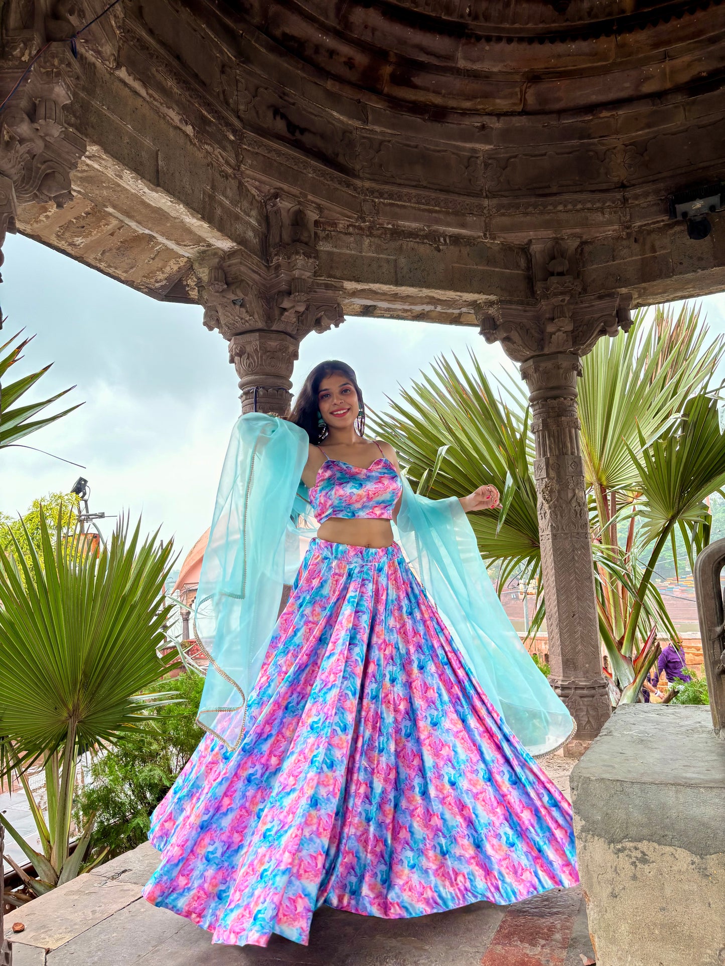 White Pink Floral Satin Lehenga