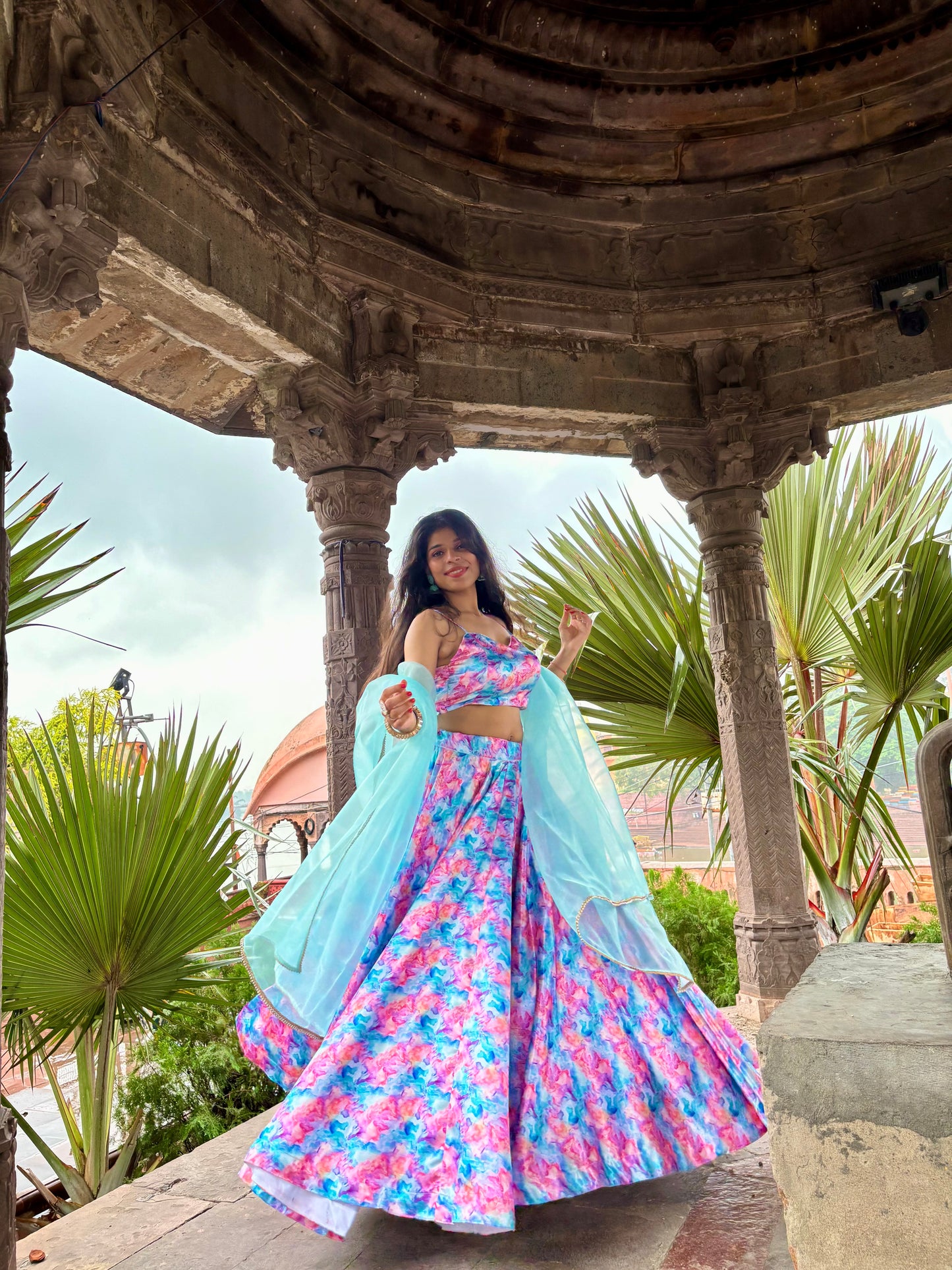 White Pink Floral Satin Lehenga