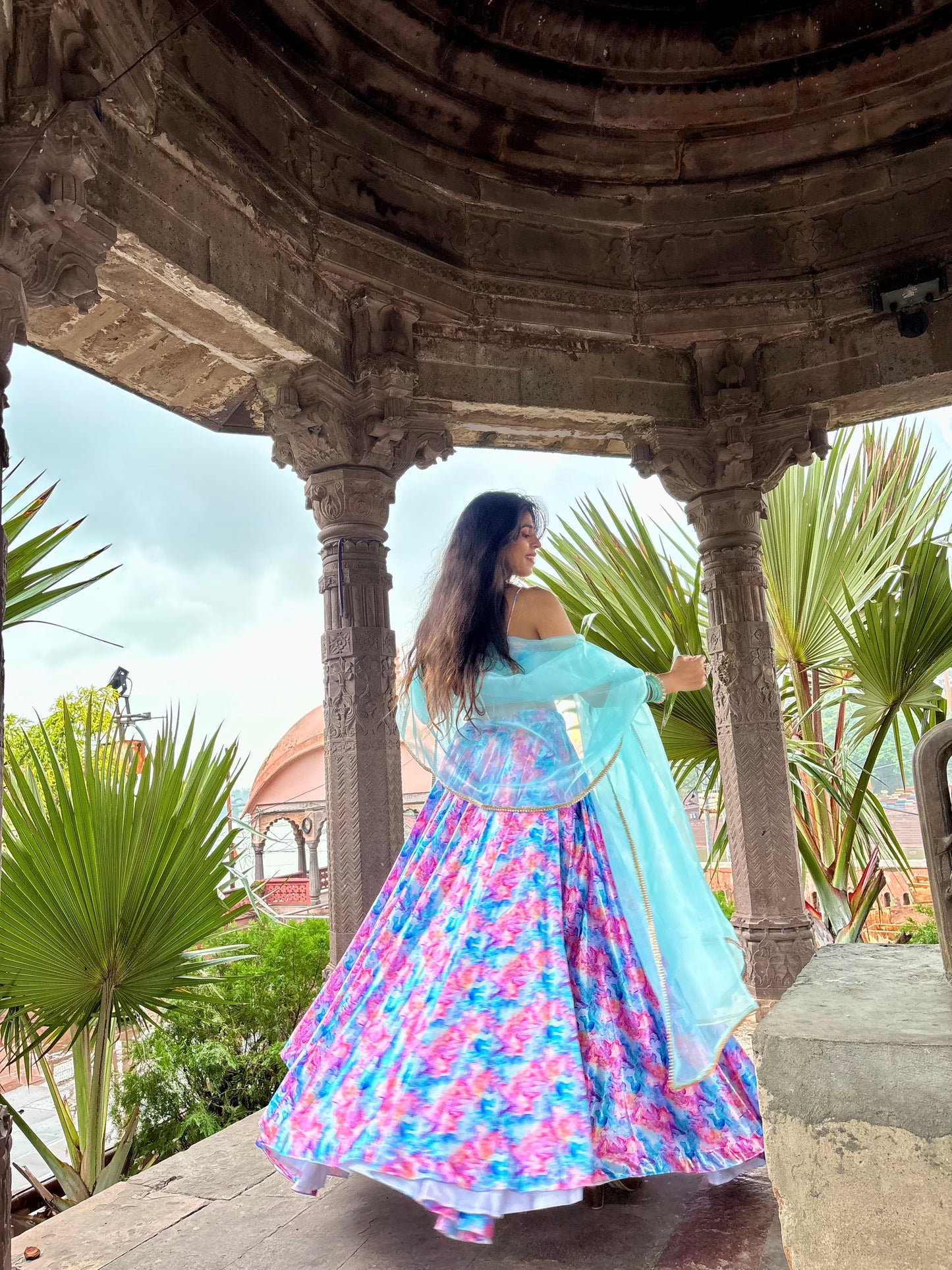 White Pink Floral Satin Lehenga