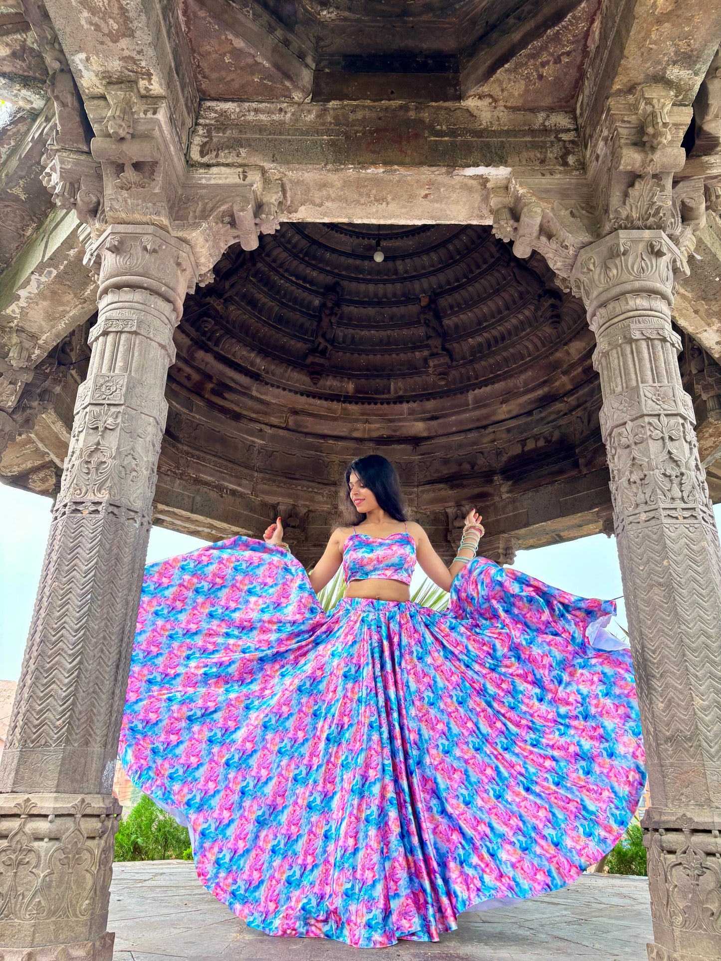 White Pink Floral Satin Lehenga