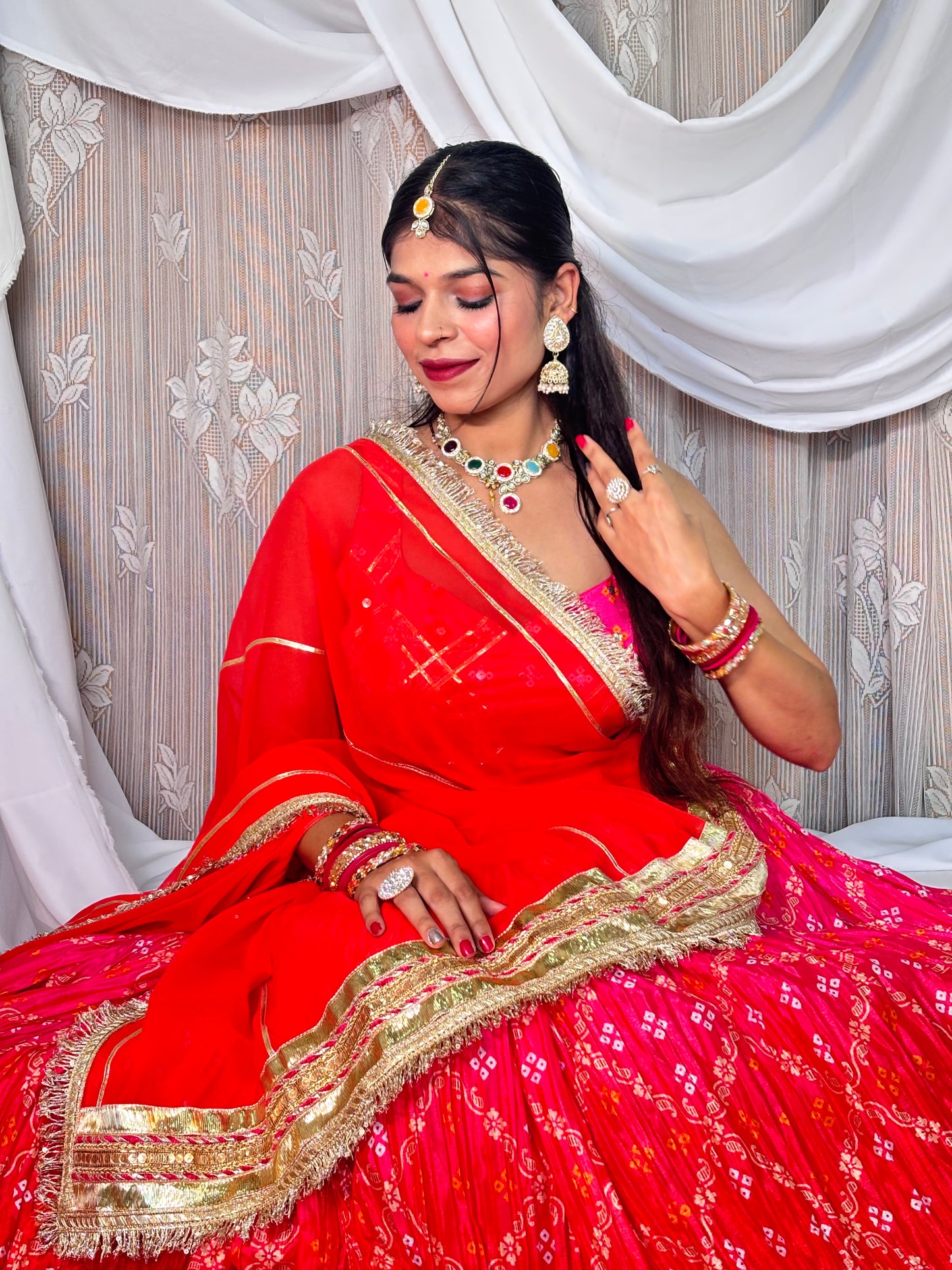 Red and Pink Crush Bandhej Lehenga