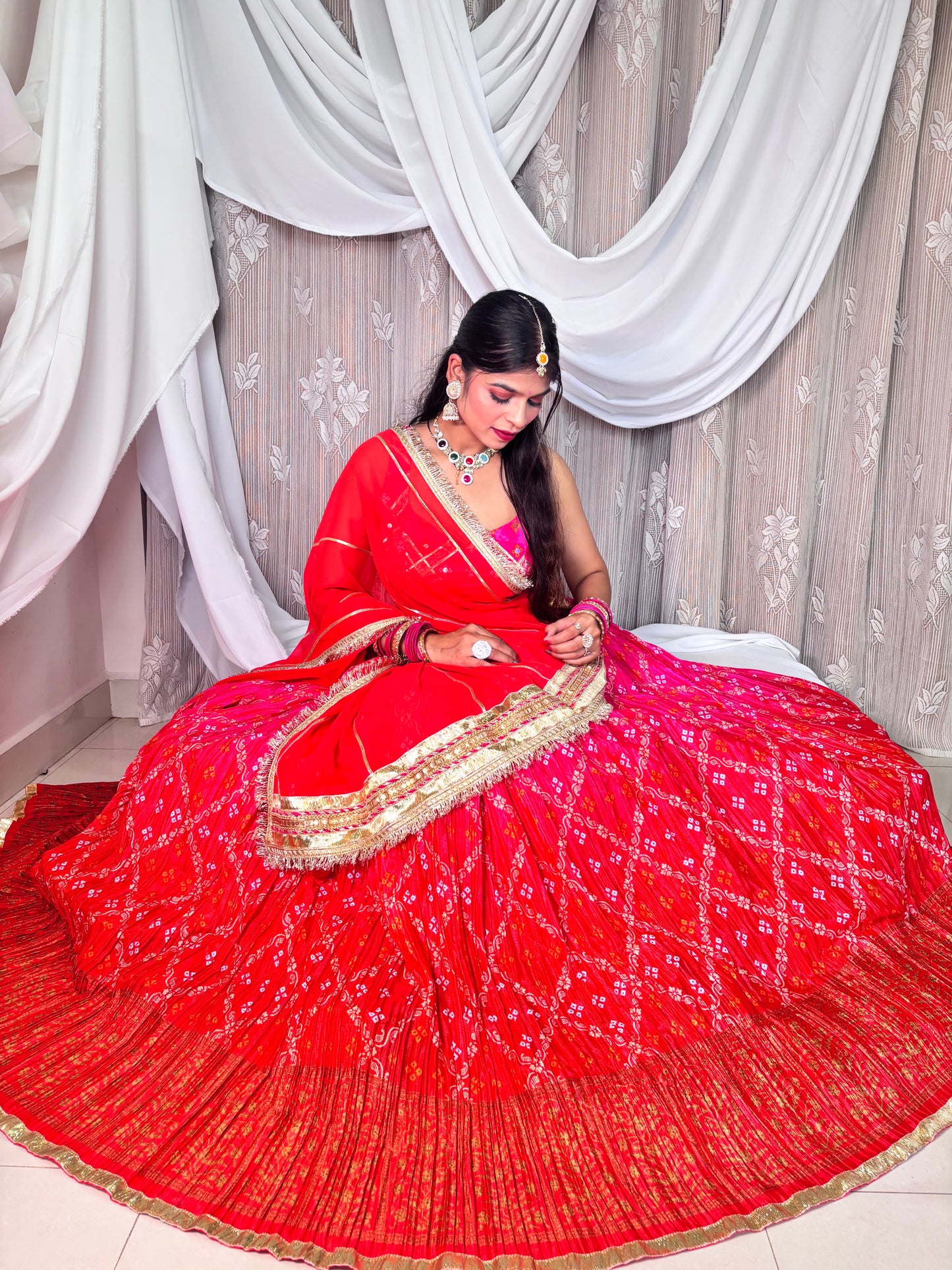 Red and Pink Crush Bandhej Lehenga