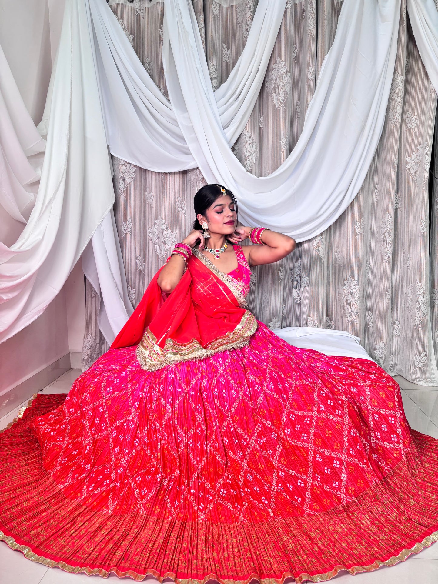Red and Pink Crush Bandhej Lehenga