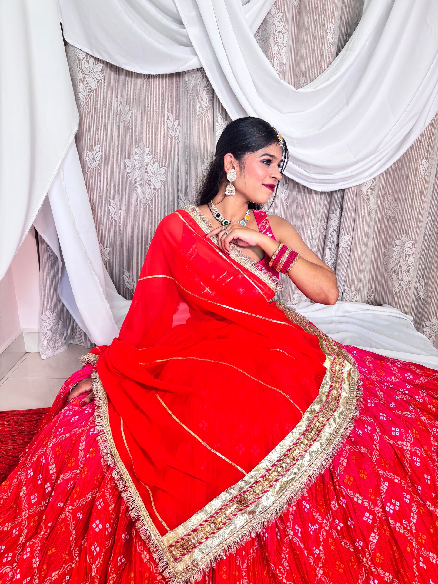 Red and Pink Crush Bandhej Lehenga