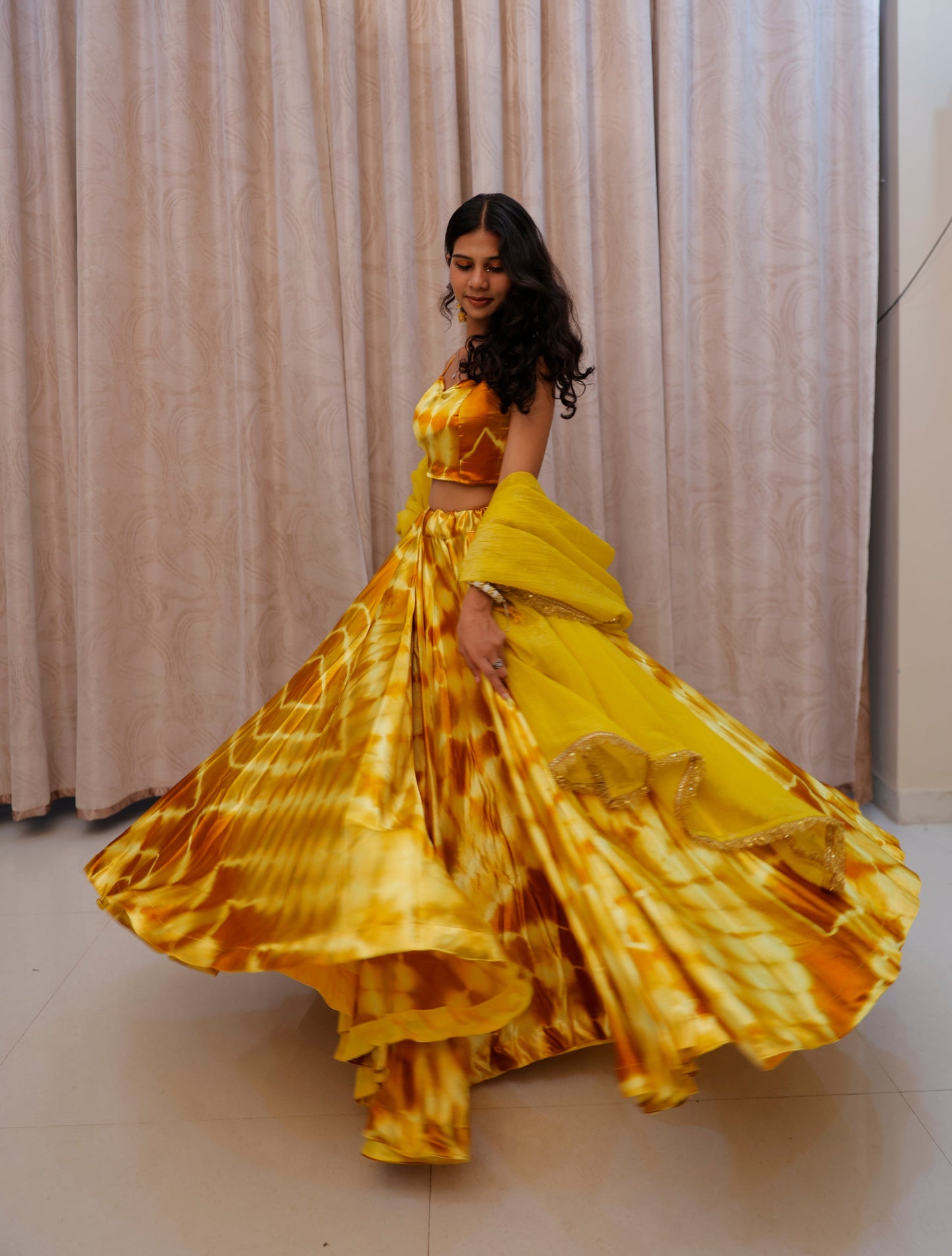 Yellow Shaded Satin Lehenga