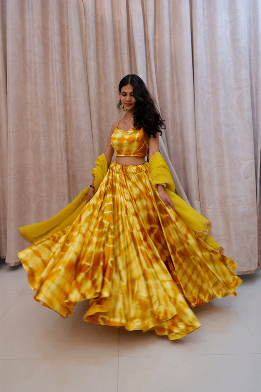 Yellow Shaded Satin Lehenga