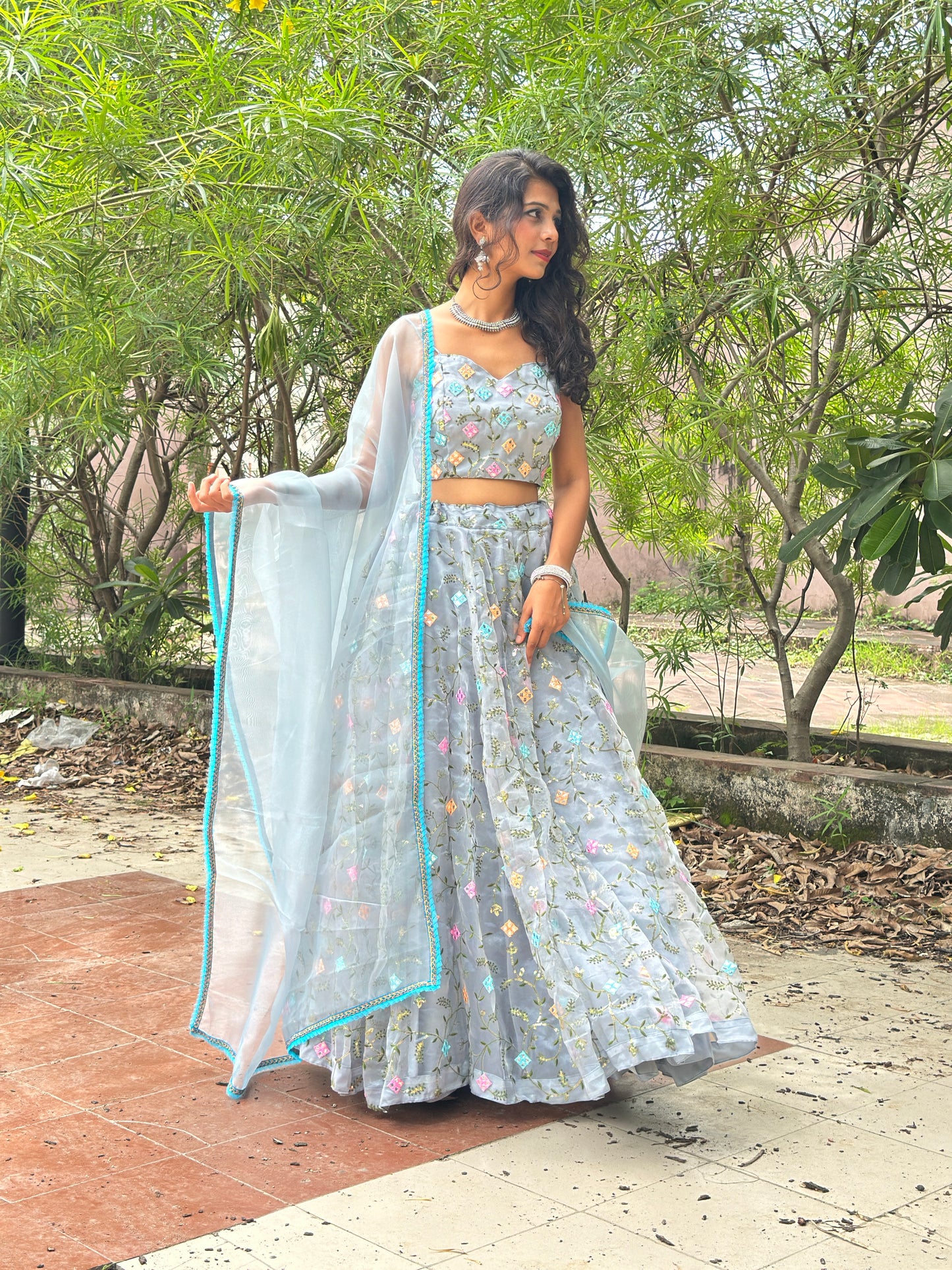 Grey Organza Lehenga