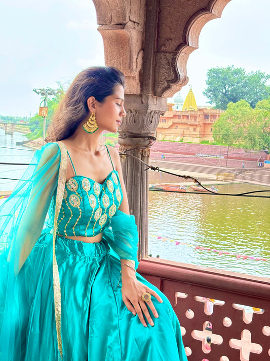Green Satin Lehenga