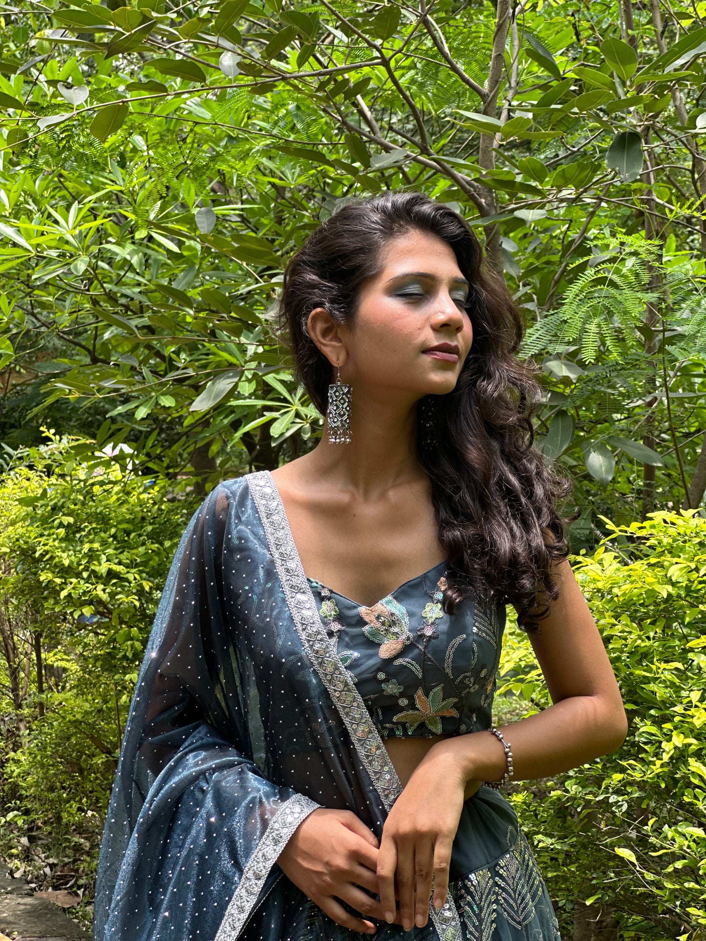 Dark Grey Net Lehenga