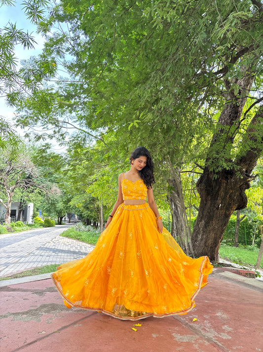 Yellow Butti Organza Lehenga