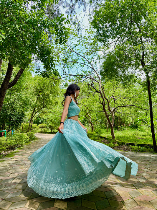 Ice Blue Organza Lehenga