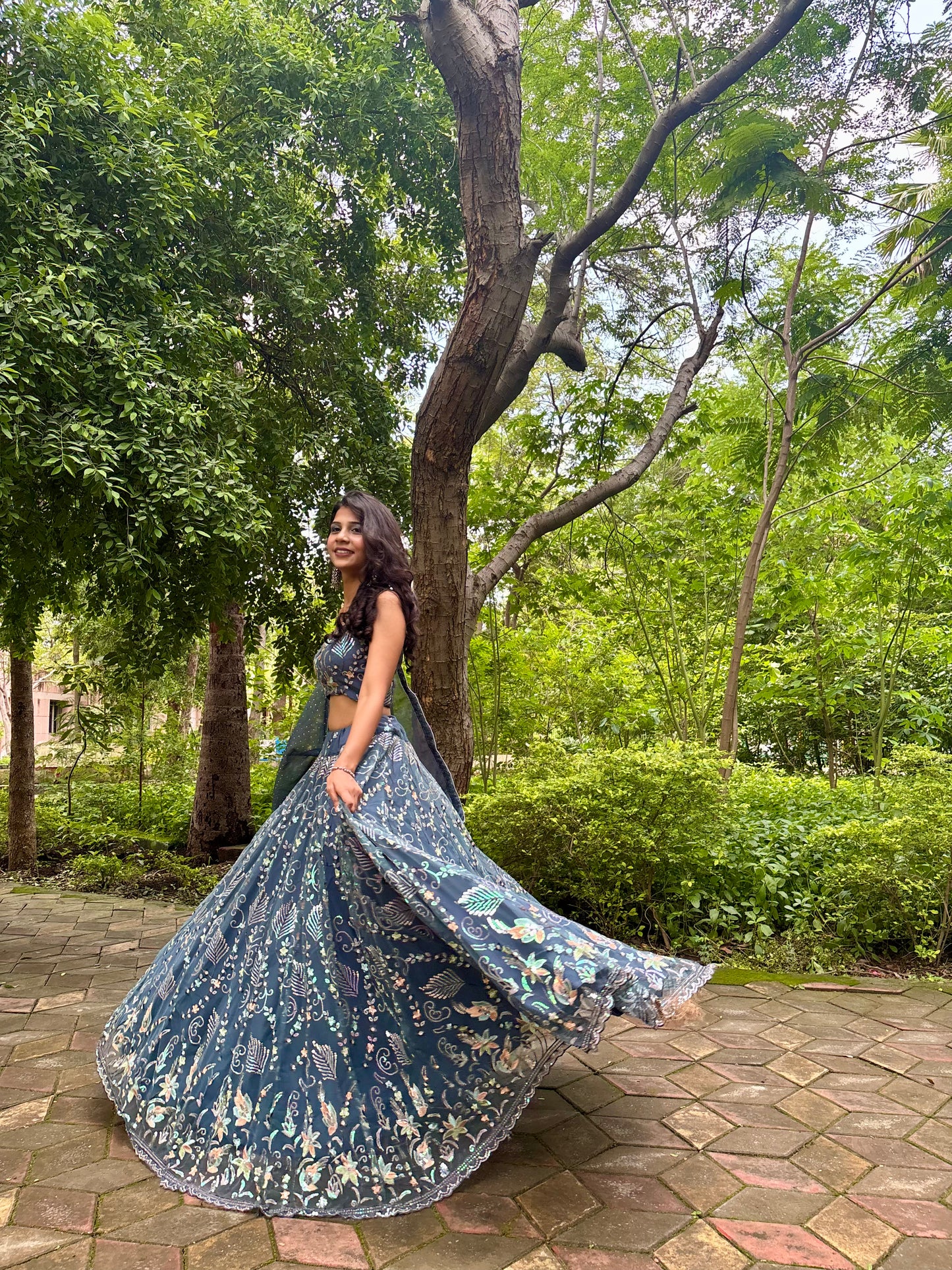 Dark Grey Net Lehenga