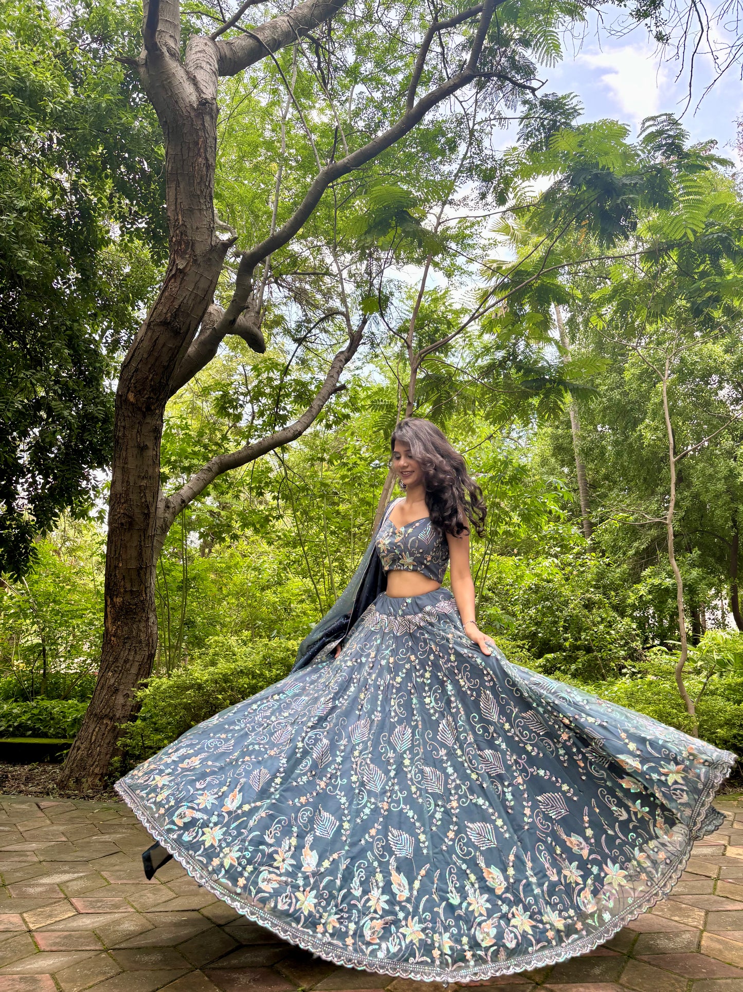 Dark Grey Net Lehenga