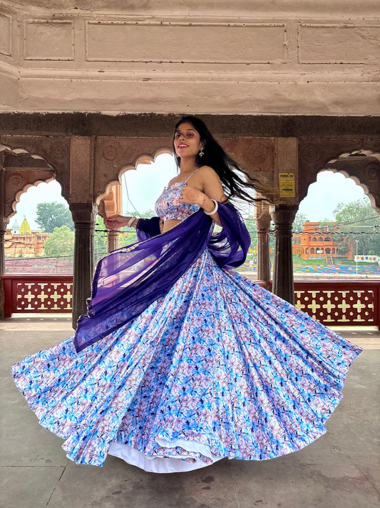 White Blue Floral Satin Lehenga
