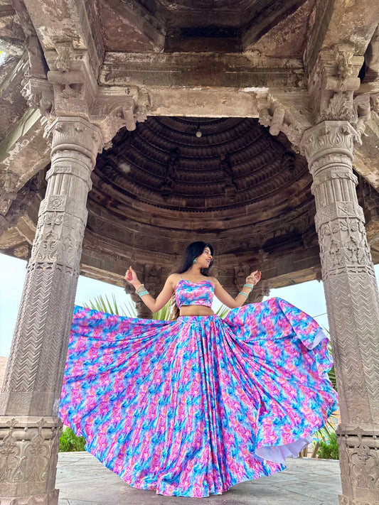 White Pink Floral Satin Lehenga