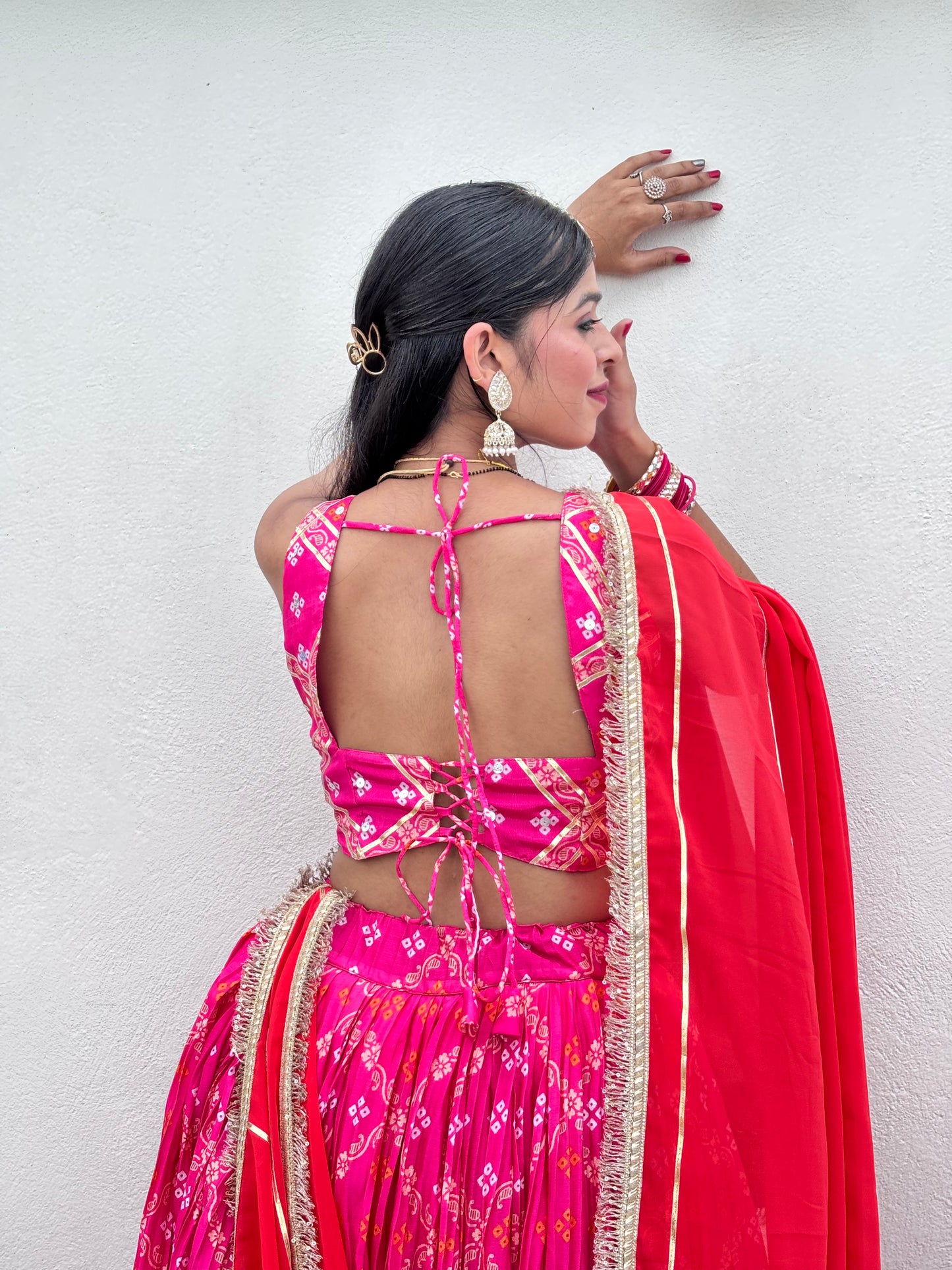 Red and Pink Crush Bandhej Lehenga