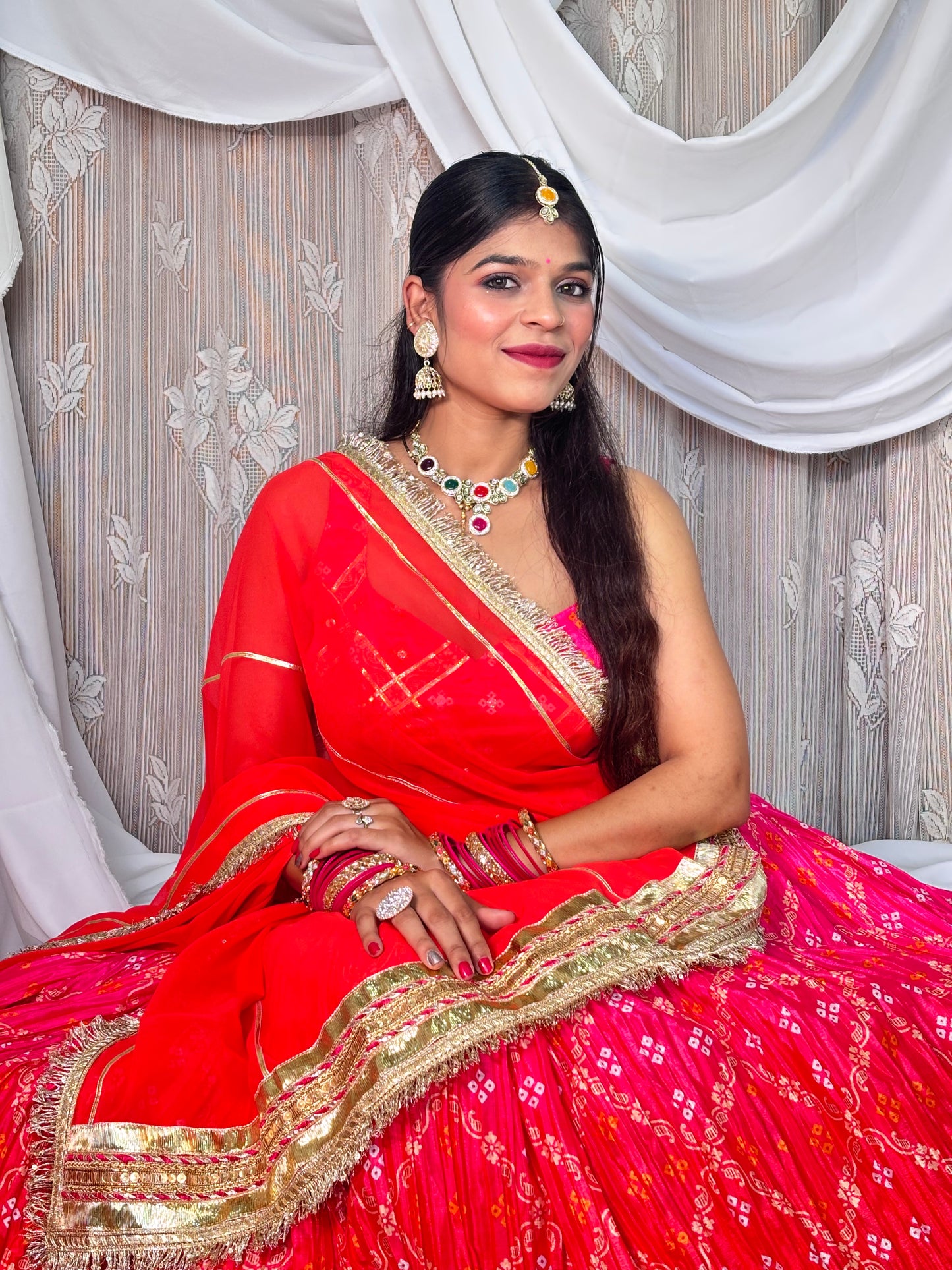 Red and Pink Crush Bandhej Lehenga