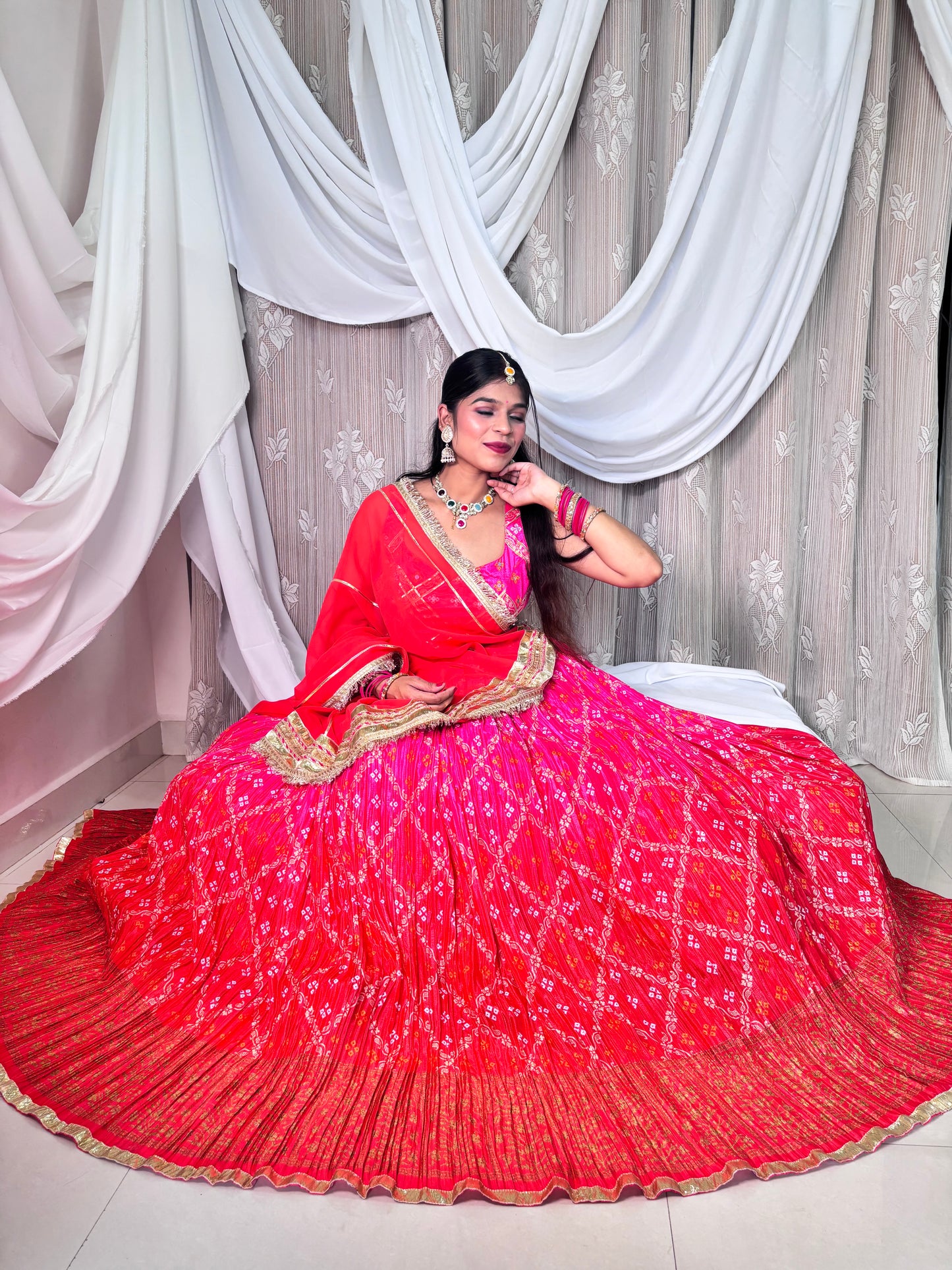 Red and Pink Crush Bandhej Lehenga