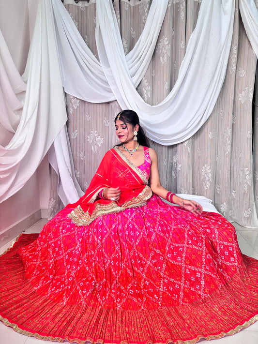 Red and Pink Crush Bandhej Lehenga