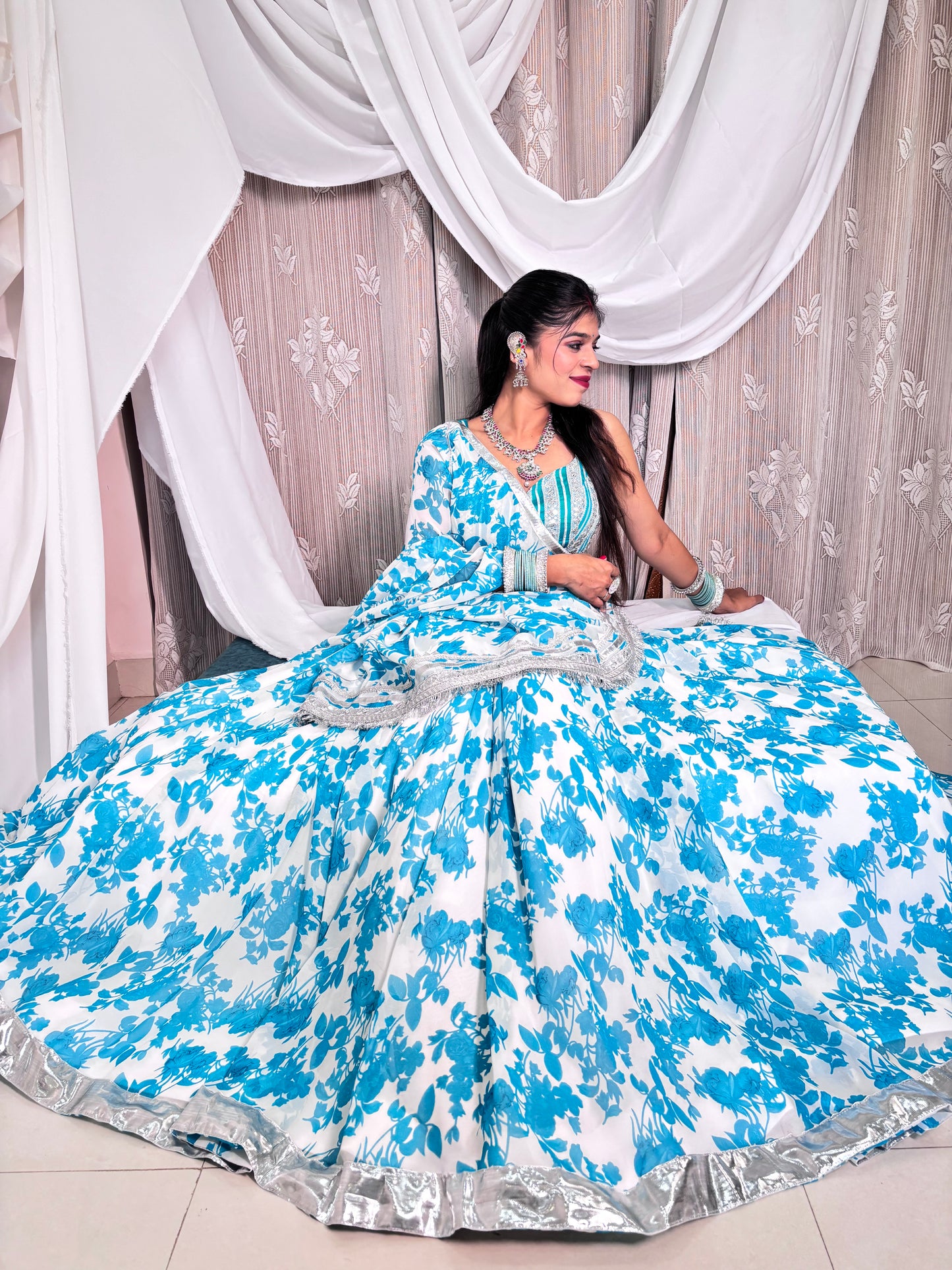 Teal And White Floral Lehenga