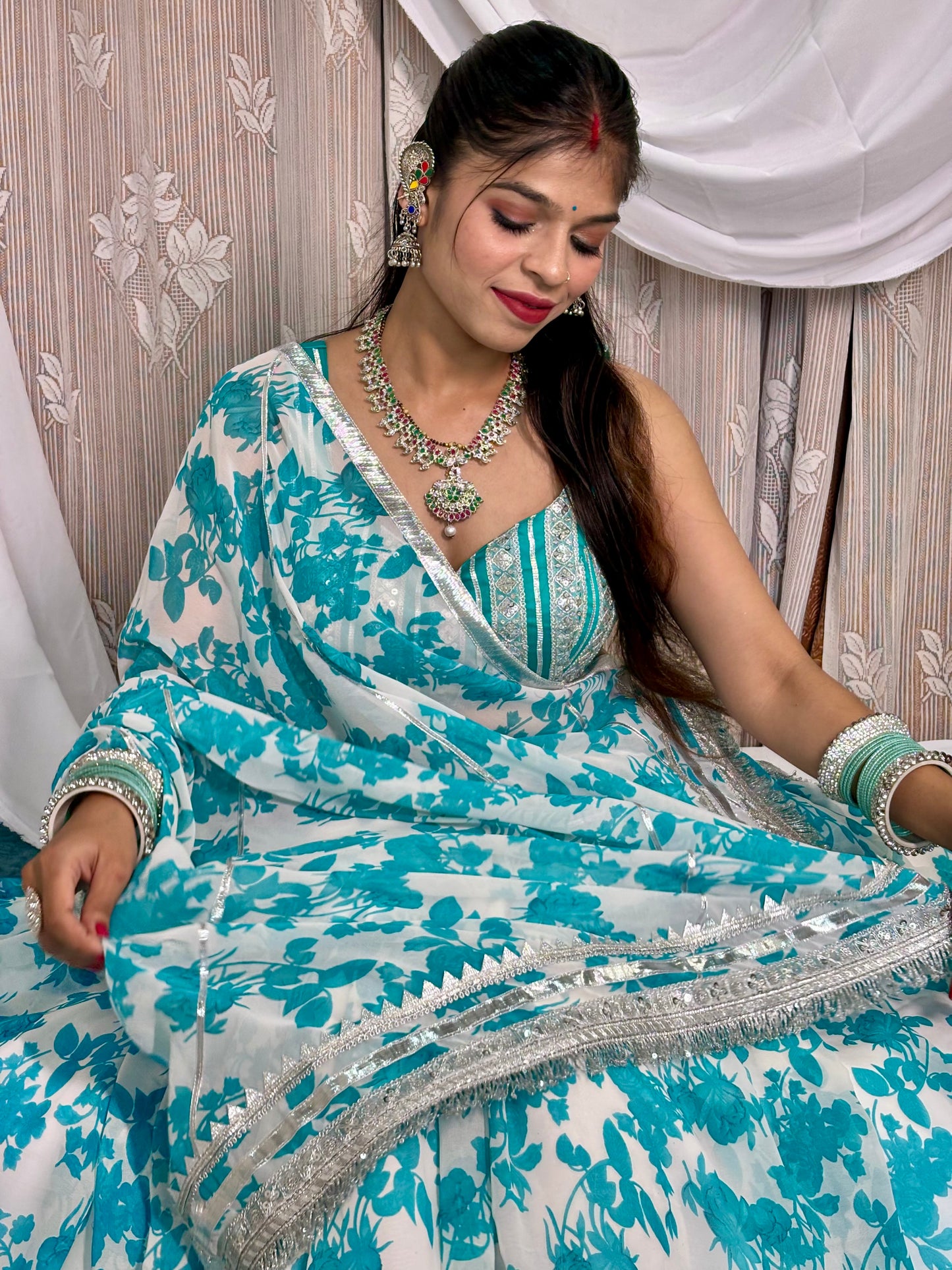Teal And White Floral Lehenga