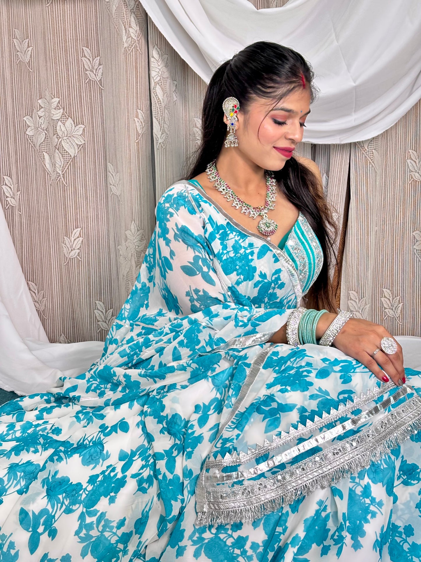 Teal And White Floral Lehenga