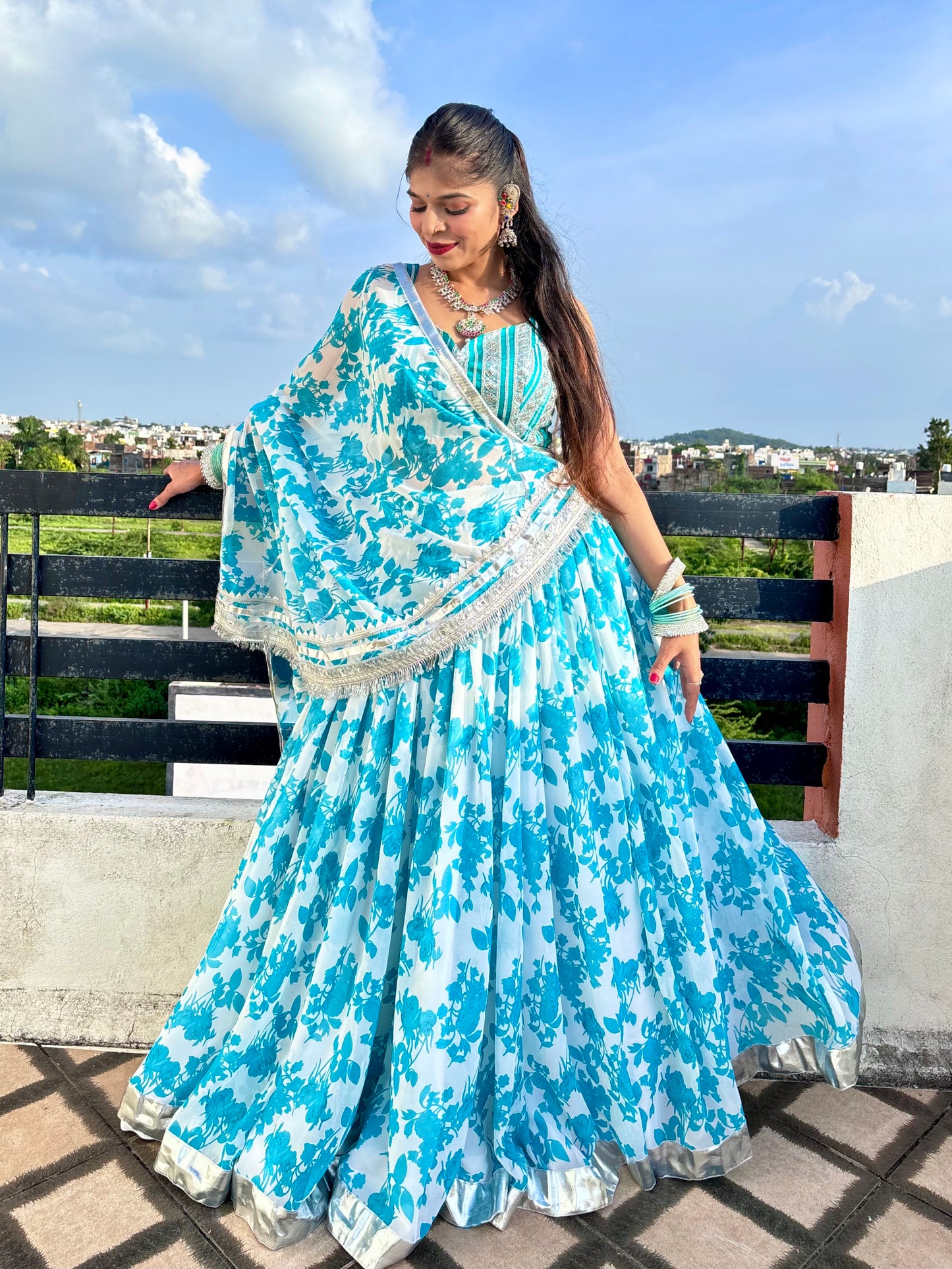 Teal And White Floral Lehenga